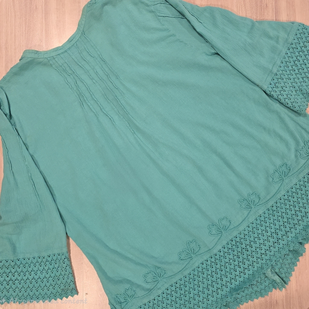 GRETTY ZUEGER Tunic Top Boho Embroidered Peasant Crochet Lace Vneck Turquoise XL - Picture 4 of 9